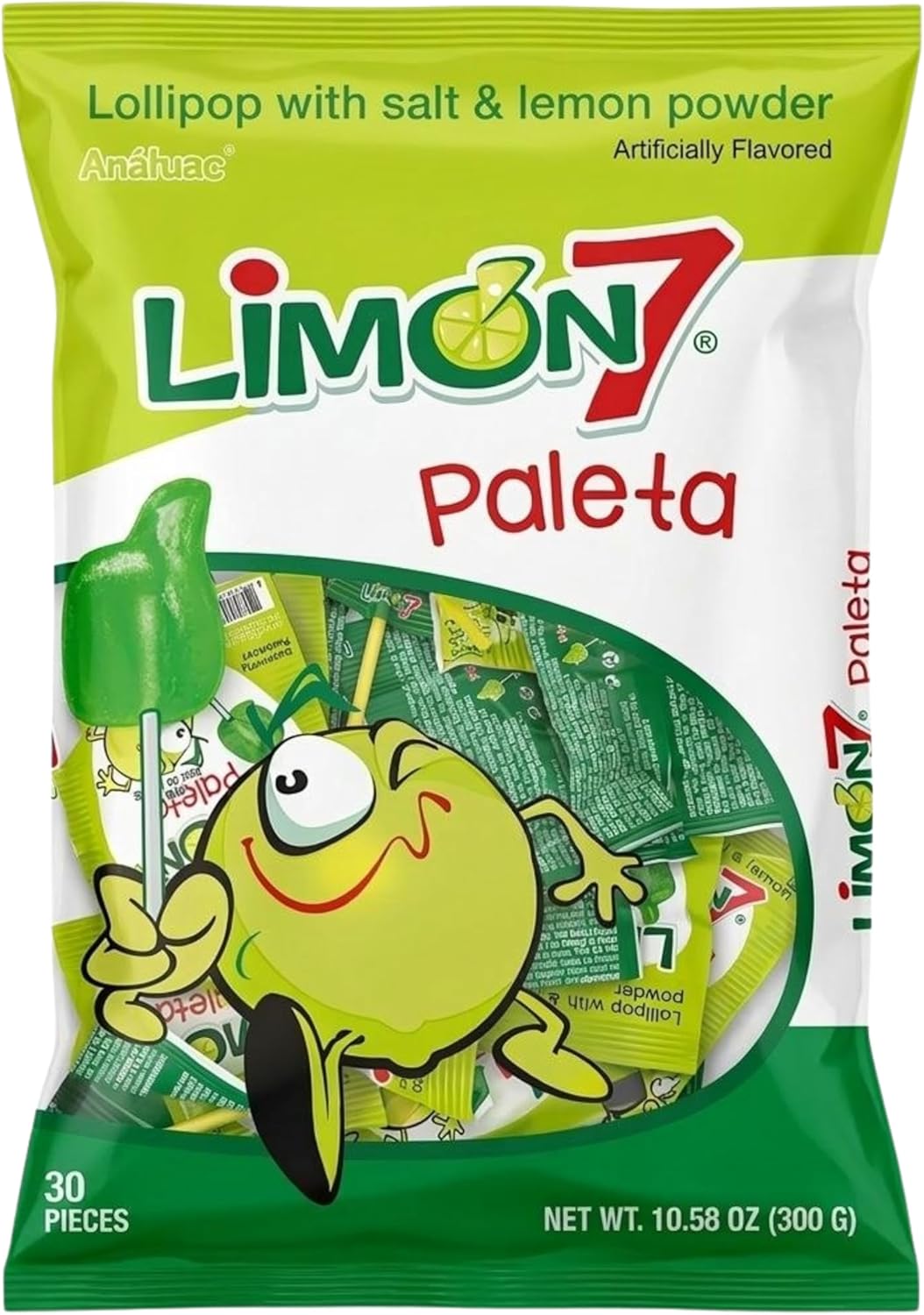Dulces Anahuac Limon 7 Paleta Lollipop Covered with Lemon and Salt Powder, Mexican Candy, 30 Pieces