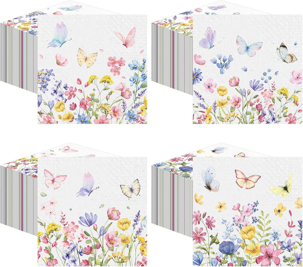 Fulmoon 200 Pieces Spring Floral Cocktail Napkins Disposable Wildflower Dessert Paper Napkins Bulk Flower Decoupage Beverage Towel for Summer Tea Party Dinner Decorative