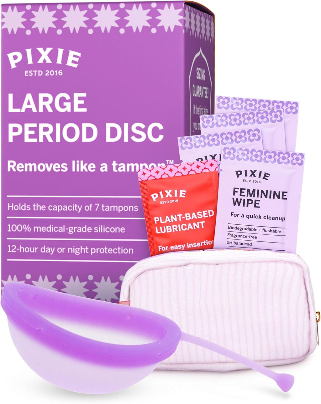 Pixie Menstrual Disc for Feminine Care - Ranked 1 for Best Tampon Alternative Period Disc - 100% Medical-Grade Silicone - Removes Like a Tampon - Wear 12 Hours - Capacity of 7 Tampons (Large)