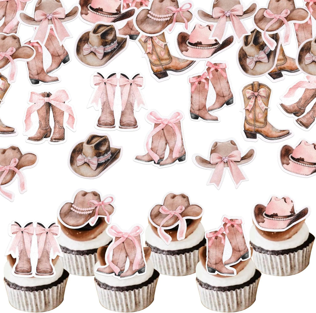 64 PCS Edible Cowgirl Cupcake Toppers Pink Bow Hat and Boot Cupcake Picks Edible Ribbon Cowboy Cupcake Decorations for Western Theme Baby Shower Girls Birthday Party Cake Decorations Supplies