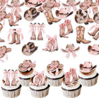 64 PCS Edible Cowgirl Cupcake Toppers Pink Bow Hat and Boot Cupcake Picks Edible Ribbon Cowboy Cupcake Decorations for Western Theme Baby Shower Girls Birthday Party Cake Decorations Supplies