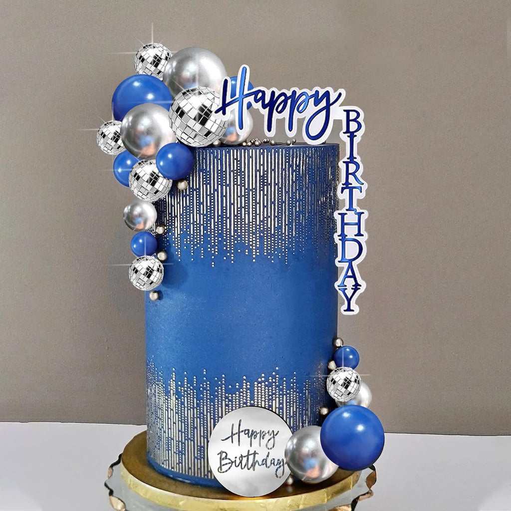 Man Cake Topper Blue Silver Disco Ball Boho Cake Topper Decorations for Navy Blue Boho Wedding Man Birthday (Blue 02)