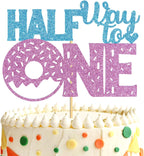 Half Way To One Cake Topper, Doughnut Theme Happy 6 Month/Baby Birthday Cake Decor, Kids Half Year Birthday/Anniversary Party Decorations Supplies
