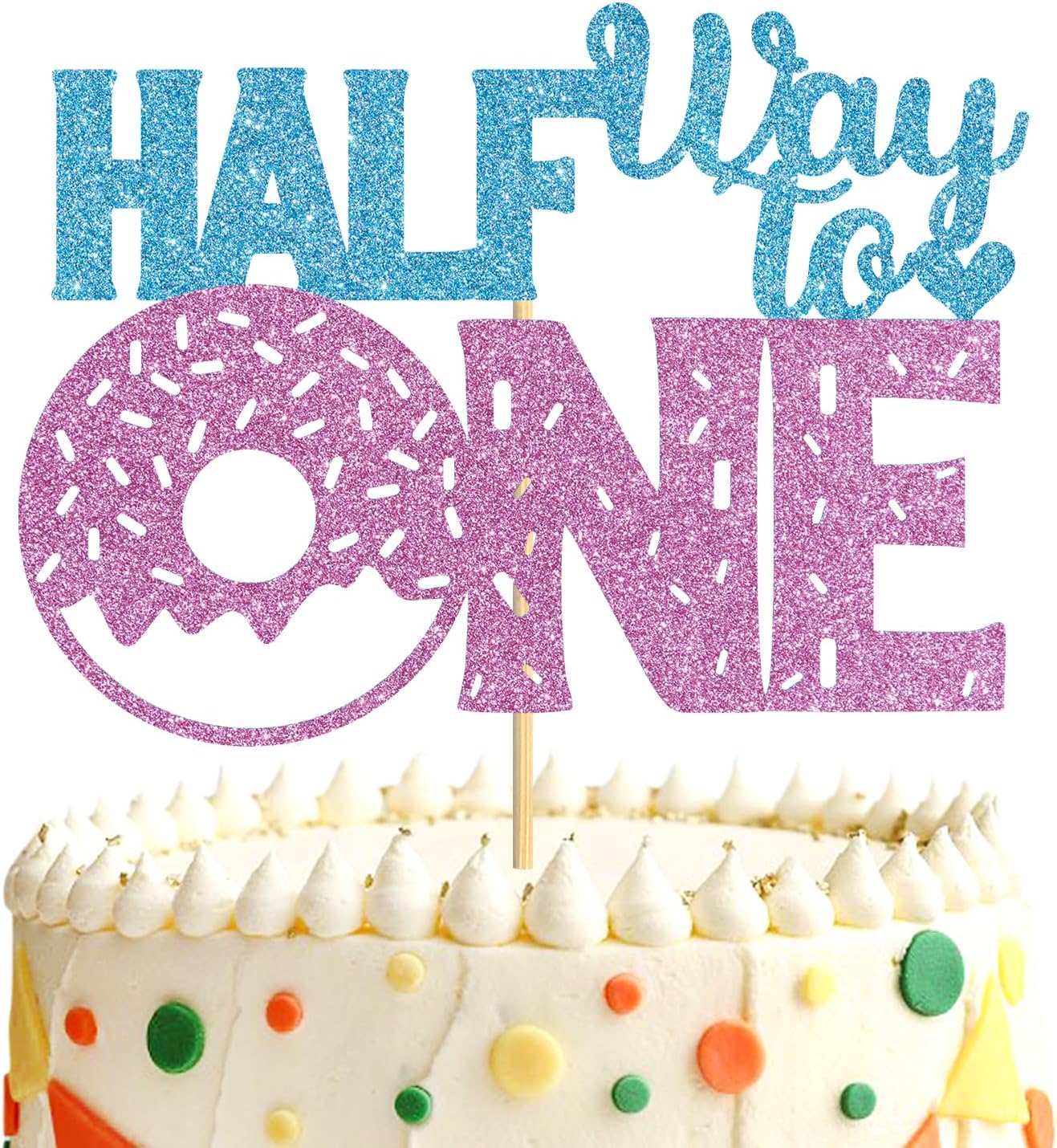Half Way To One Cake Topper, Doughnut Theme Happy 6 Month/Baby Birthday Cake Decor, Kids Half Year Birthday/Anniversary Party Decorations Supplies