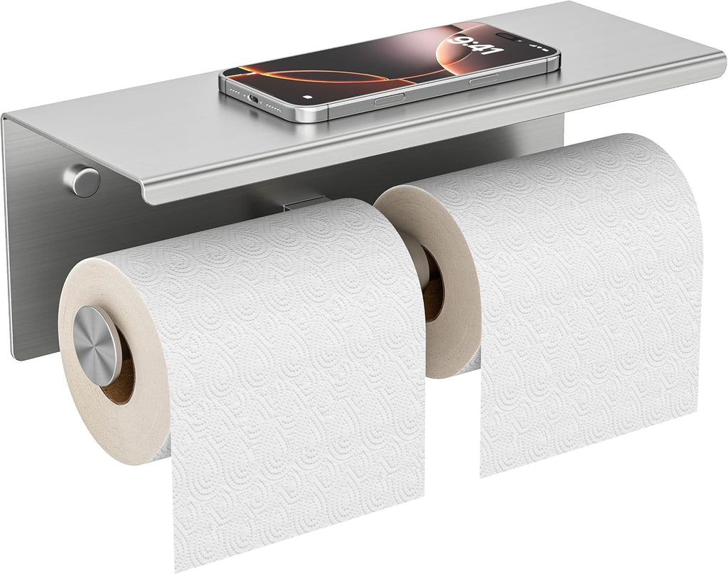 FORIOUS Double Toilet Paper Holder with Shelf, Wall Mount Tissue Roll Holder for Bathroom, 304 Stainless Steel Commercial Toilet Tissue Dispensers with Phone Shelf (1, Stainless Steel)