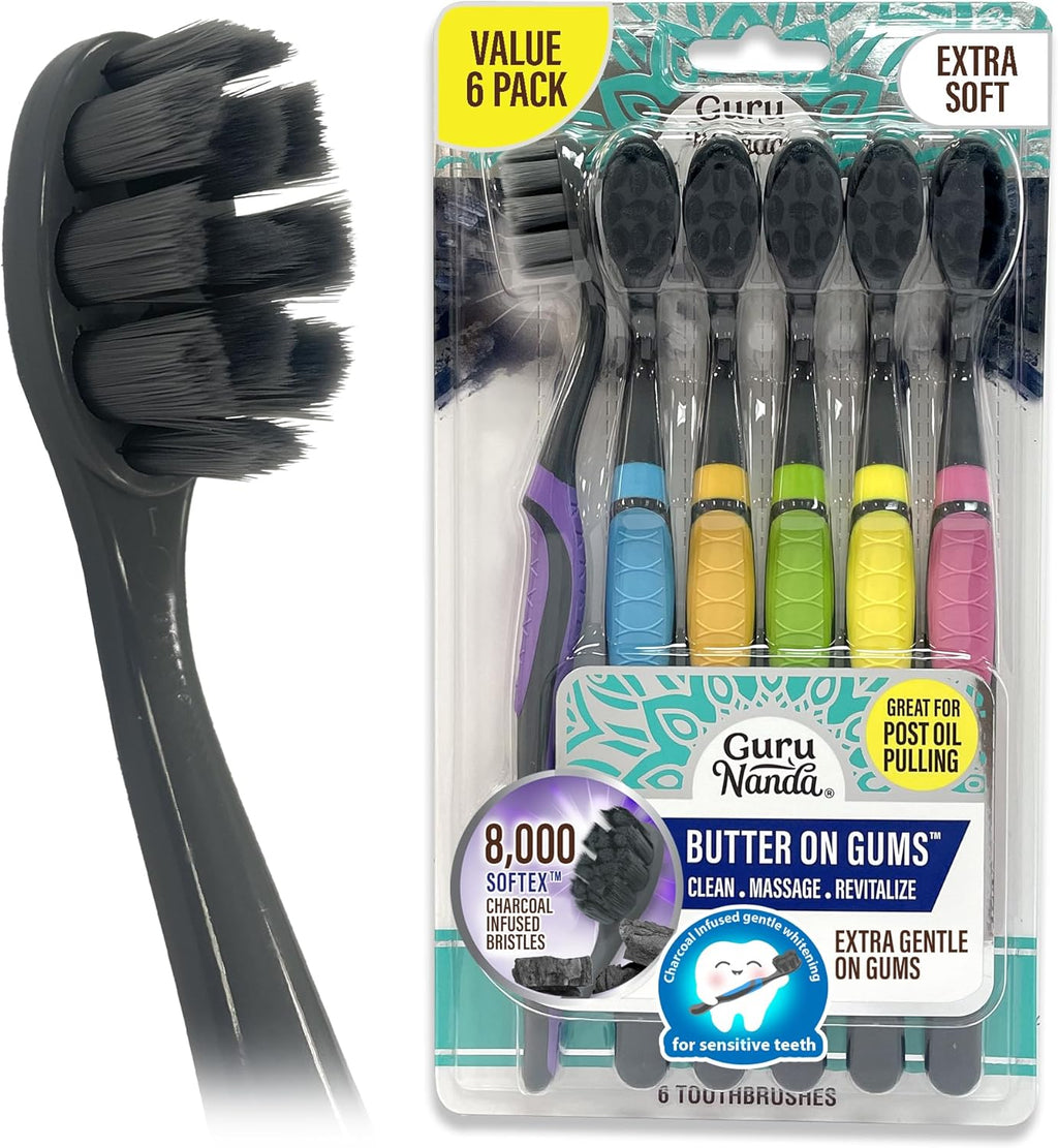 GuruNanda Butter on Gums Charcoal Toothbrush - 8000+ SoftexTM Bristles for Sensitive Teeth & Gums, Aids in Teeth Whitening, Extra Soft (6 Count)