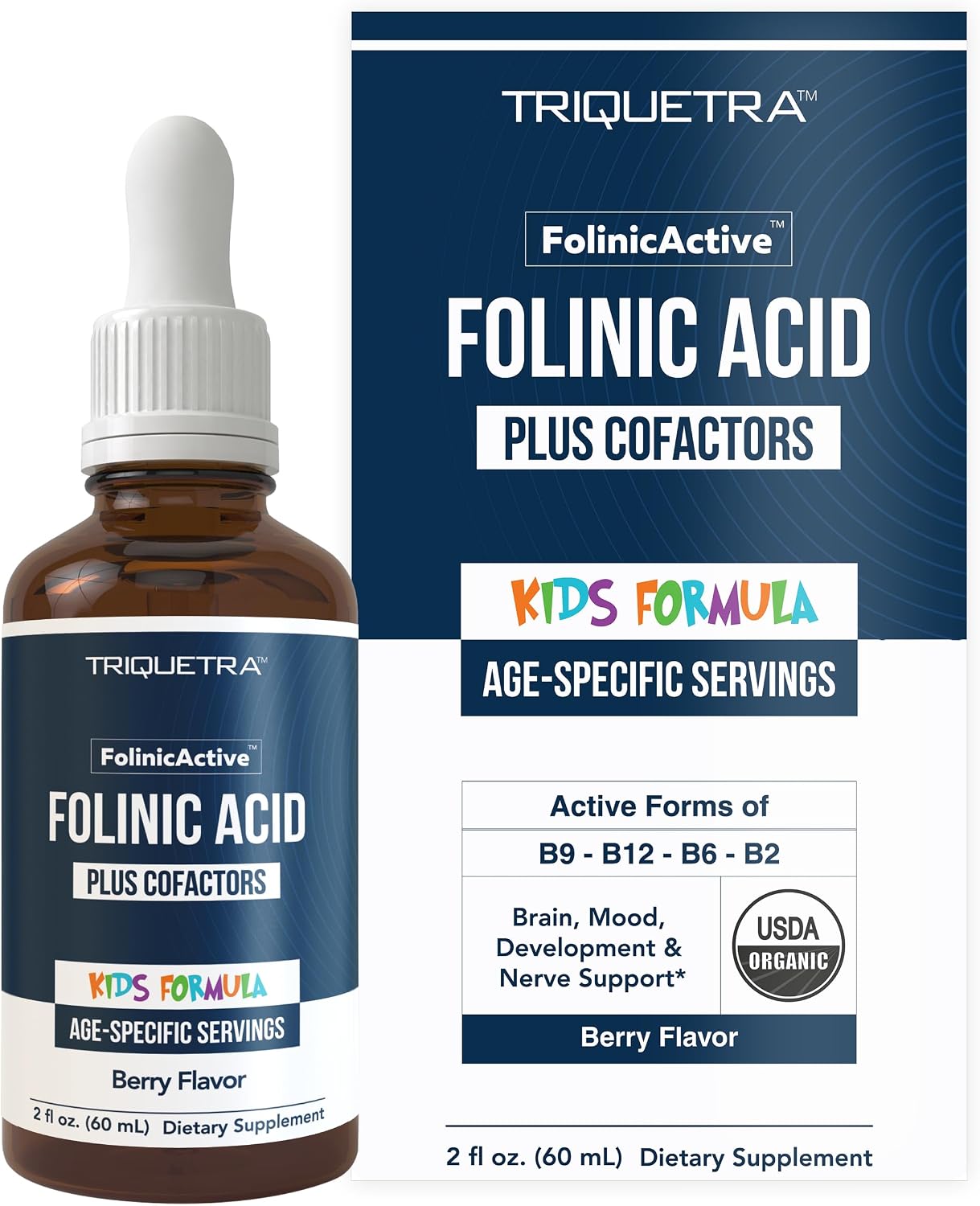 Organic FolinicActive Kids - Folinic Acid + B12, B6 & B2 Cofactors - Gentle Methylation Support for Mood, Energy & Cognition, Age Adjustable Dosing for Kids 1-18, Non GMO, Vegan, Berry Flavor (60mL)