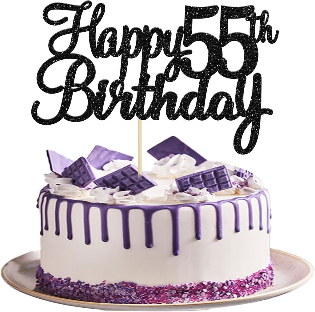 Gyufise 1Pc Happy 55th Birthday Cake Topper Glitter 55th Birthday Cake Pick Cheers to 55 Years Old Fifty-five Fabulous Cake Decorations for 55th Birthday Theme Party Supplies Black