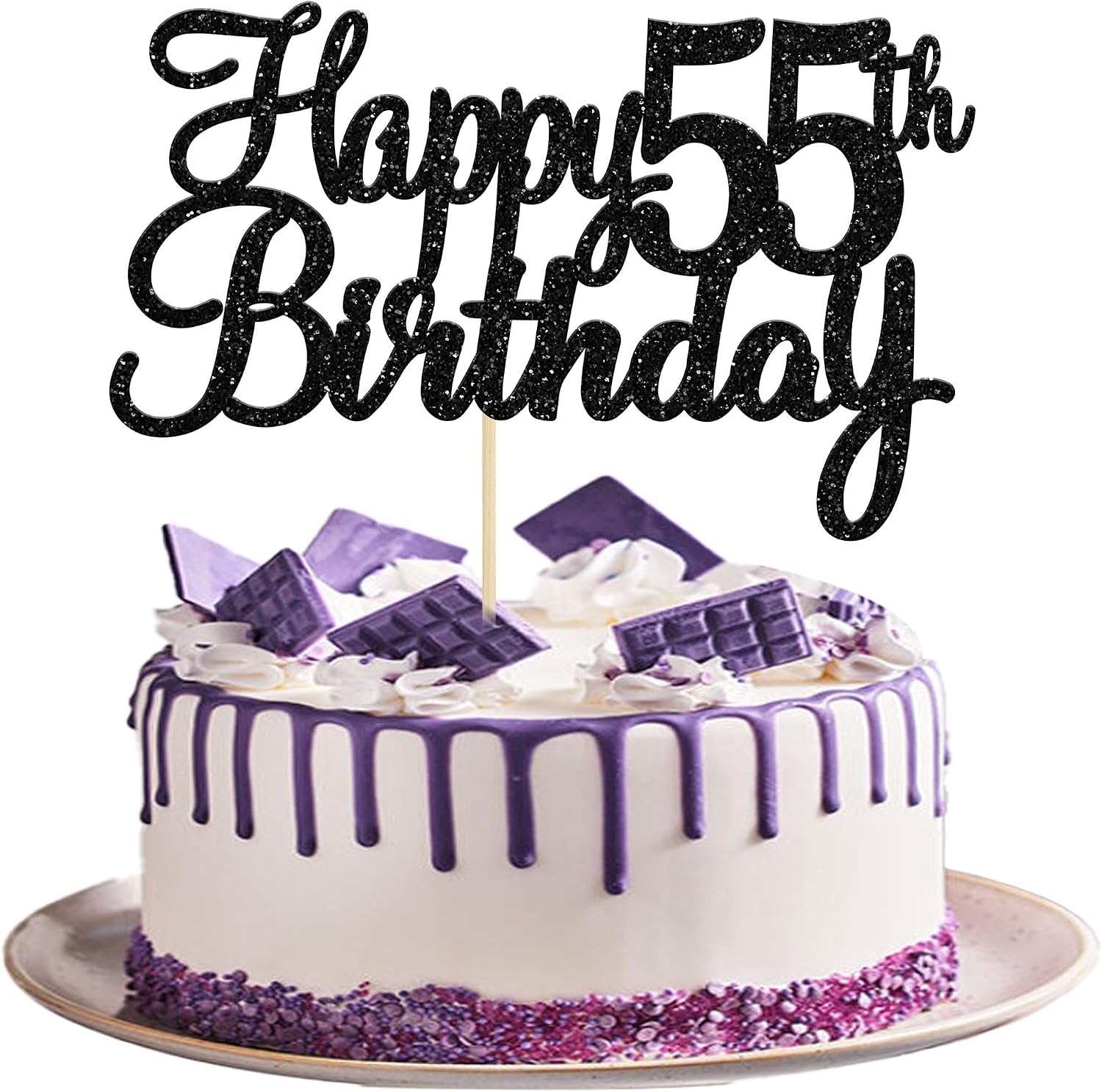 Gyufise 1Pc Happy 55th Birthday Cake Topper Glitter 55th Birthday Cake Pick Cheers to 55 Years Old Fifty-five Fabulous Cake Decorations for 55th Birthday Theme Party Supplies Black