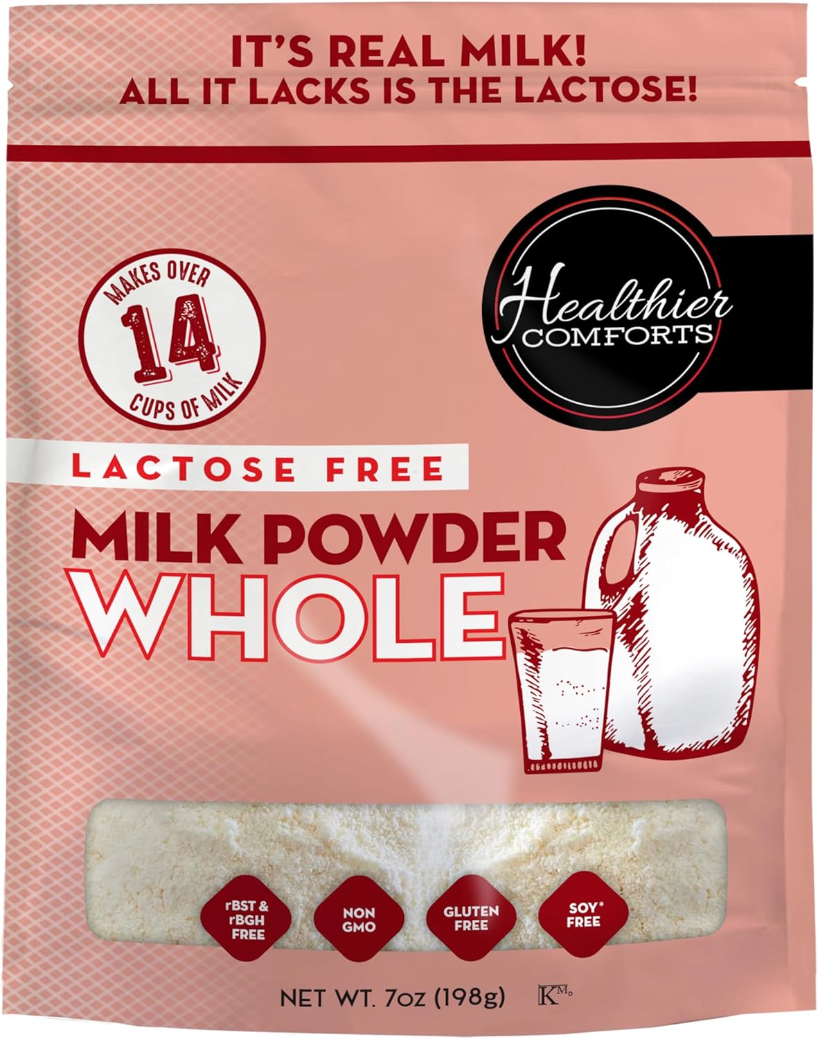 Healthier Comforts Lactose Free Whole Milk Powder | Non-GMO, rBST Hormone Free, Kosher, Gluten Free, No Fillers | Baking, Coffee Creamer, Shakes, Pantry Staple, Camping | Makes 14 cups (7 oz)
