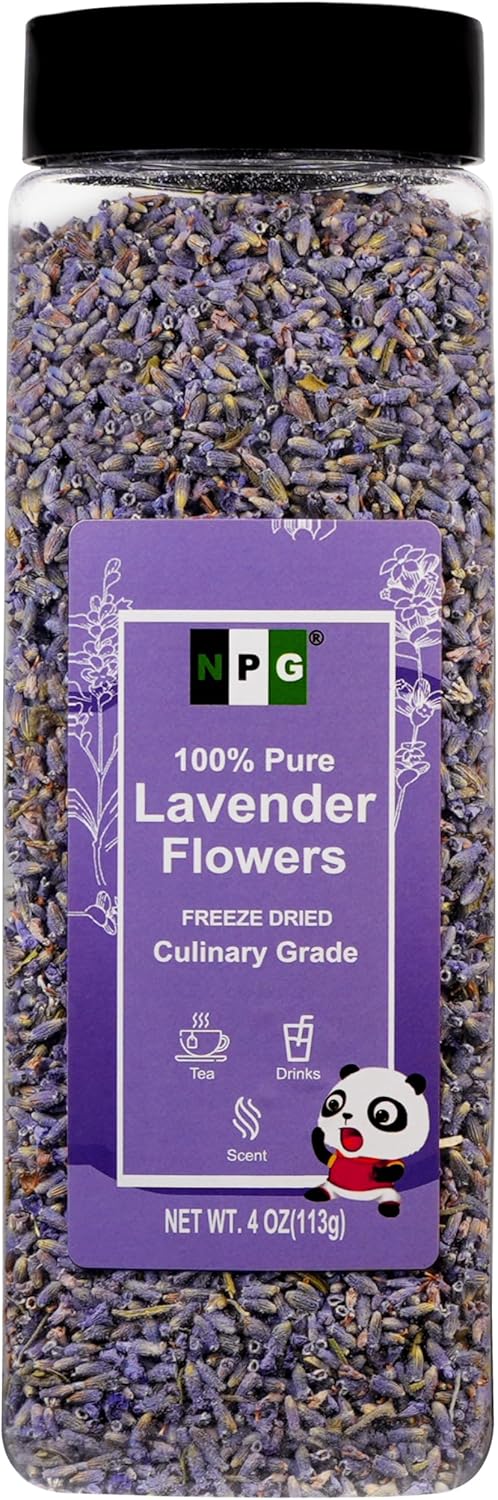 NPG Freeze Dried Lavender Flowers 4 Oz, Culinary Grade Lavender Buds for Tea, Baking, DIY Soap, Candle Making, Potpourri, Natural Fragrance Sachets, All-Natural, Non-GMO, Gluten-Free