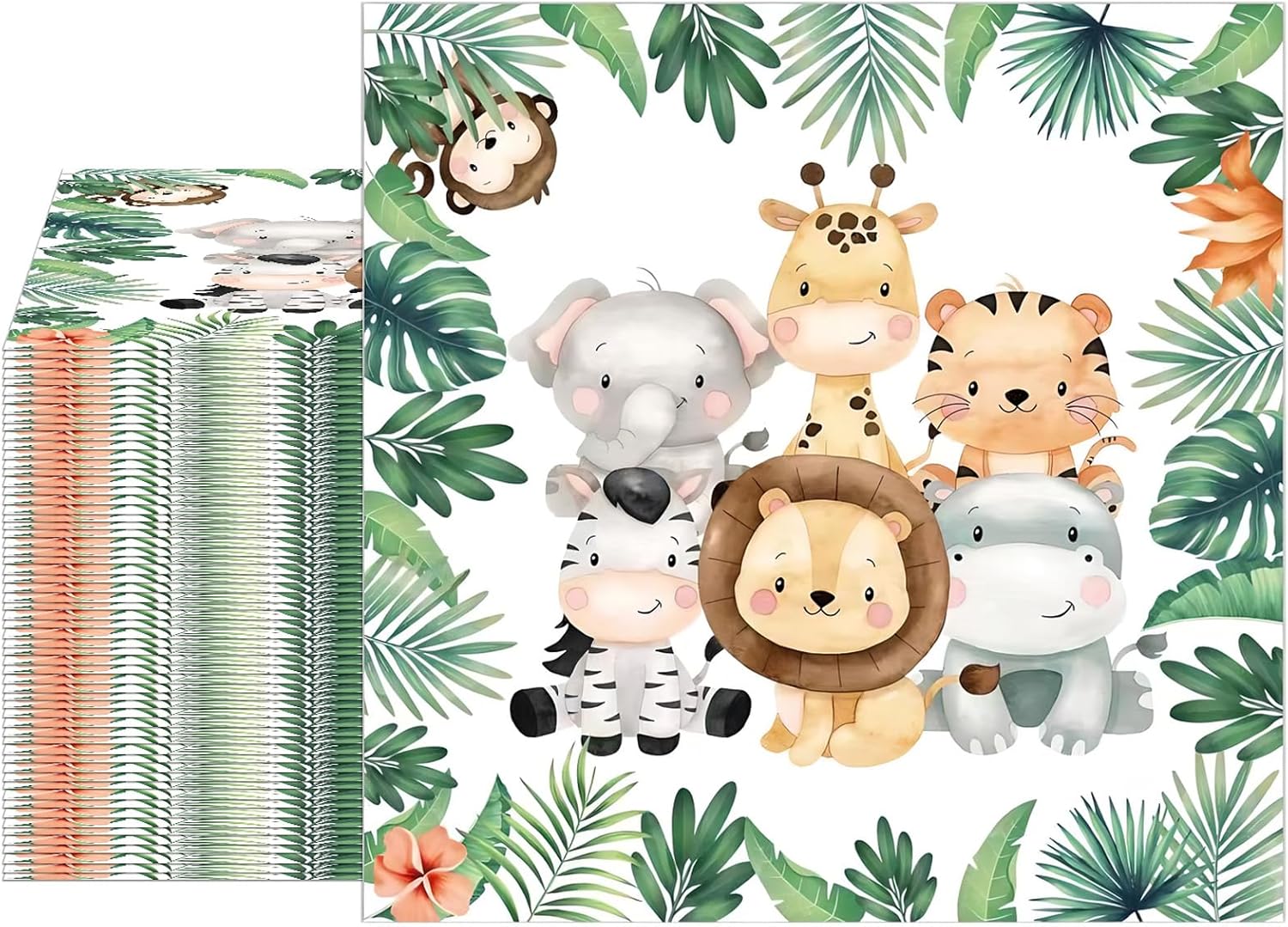 40Pcs Safari Animals Paper Napkins Green Jungle Disposable Baby Shower Decorations for Animal Theme Birthday Party Wild Animals Birthday Decorations Party Supplies 6.5" x 6.5"inch