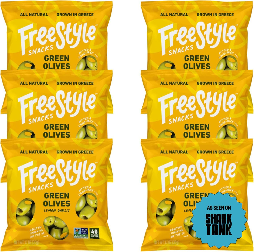 Freestyle Snacks Olive Snack Packs - As Seen on Shark Tank - Single Serve - Fresh Pitted Green Olives, Grown in Greece, All Natural, Non-GMO, Sugar-Free, Salty Snack - Lemon Garlic, 1.1oz (6 Pack)