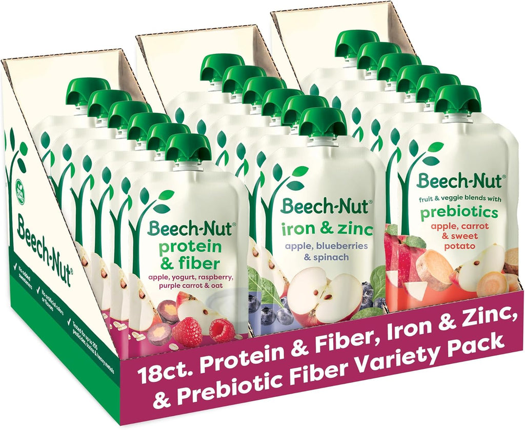 Beech-Nut Baby & Toddler Food Pouches Variety Pack, Protein & Fiber/Iron & Zinc/Prebiotic Fiber Fruit & Veggie Purees, 3.5 oz (18 Pack)