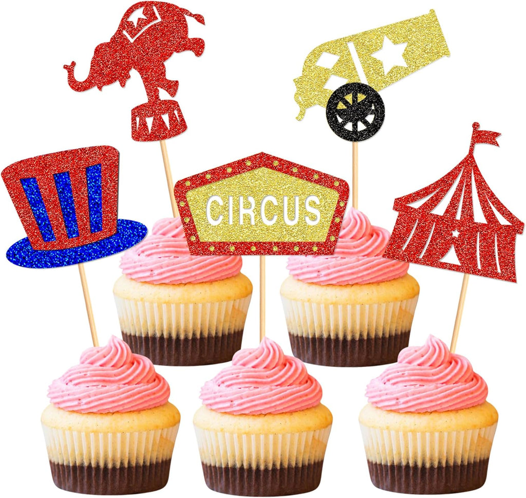 Ercadio 25 PCS Circus Cupcake Toppers Circus Animals Cupcake Picks Magic Hat Elephant Horse Cake Decorations for Carnival Theme Baby Shower Kids Birthday Party Decor Supplies