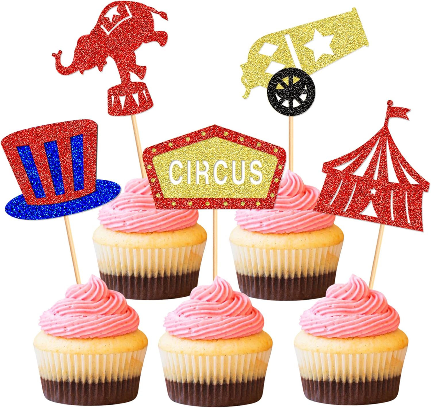Ercadio 25 PCS Circus Cupcake Toppers Circus Animals Cupcake Picks Magic Hat Elephant Horse Cake Decorations for Carnival Theme Baby Shower Kids Birthday Party Decor Supplies