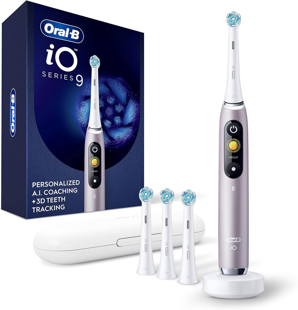 Oral-B Rechargeable Electric Toothbrush, iO9 Genius, 7 Cleaning Modes, Interactive Display, Charging Travel Case, Visible Pressure Sensor, 4 Brush Heads, Rose Quartz