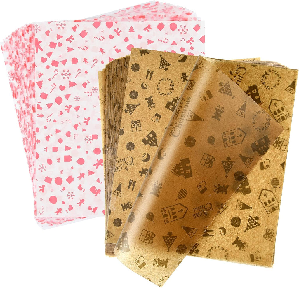 ASTARON 100pcs Christmas Wax Paper Sheets for Food Wrapping, Christmas Greaseproof Tissue Wax Paper for Candy Cookies Sandwich Wrapping Fried Food Basket Liner(Brown Red)