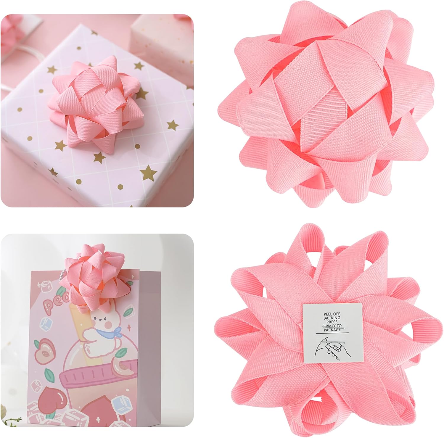 AIMUDI Baby Pink Bows for Gift Wrapping 4.5'' Grosgrain Gift Bows Self Adhesive Bows for Presents Baskets Birthday Party Holiday Baby Shower Decorations - 6 Counts