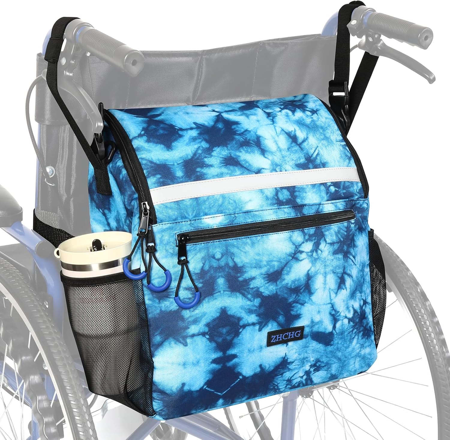 ZHCHG Wheelchair Bags, Wheelchair Backpack with Cup Holder, Wheelchair Bags to Hang on Back, Electric Wheel Chair Accessories, Large Storage Bag for Walker Rollator- Cyan