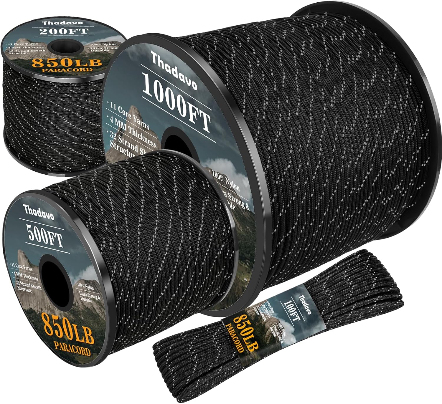 Reflective Paracord Rope 850Ib, 50/100/200/500/1000ft 4MM 11 Strand para Cords Lanyard Utility Parachute Cord for Tent Camping Hiking Survival Tactical Clothesline DIY Projects, Black 100FT