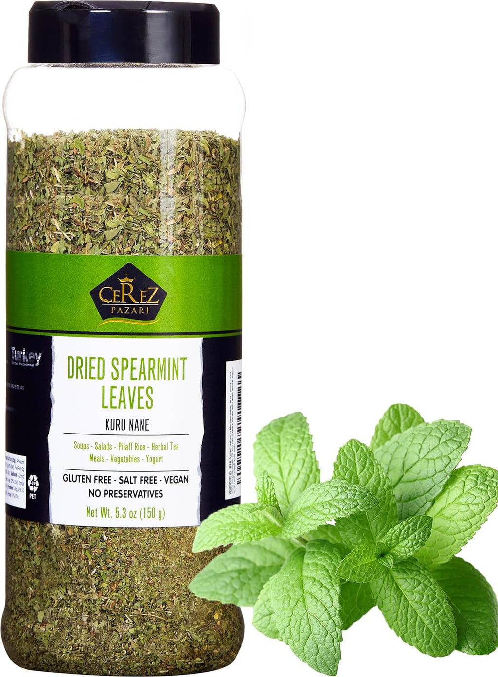 Cerez Pazari Dried Mint Leaves 5.3oz |%100 Natural, Non-irradiated, Non-GMO, Gluten Free, Raw Turkish Dried Spearmint Leaves, Crushed Peppermint Tea | Plastic Pet & Easy to Use Flapper Spice Cap