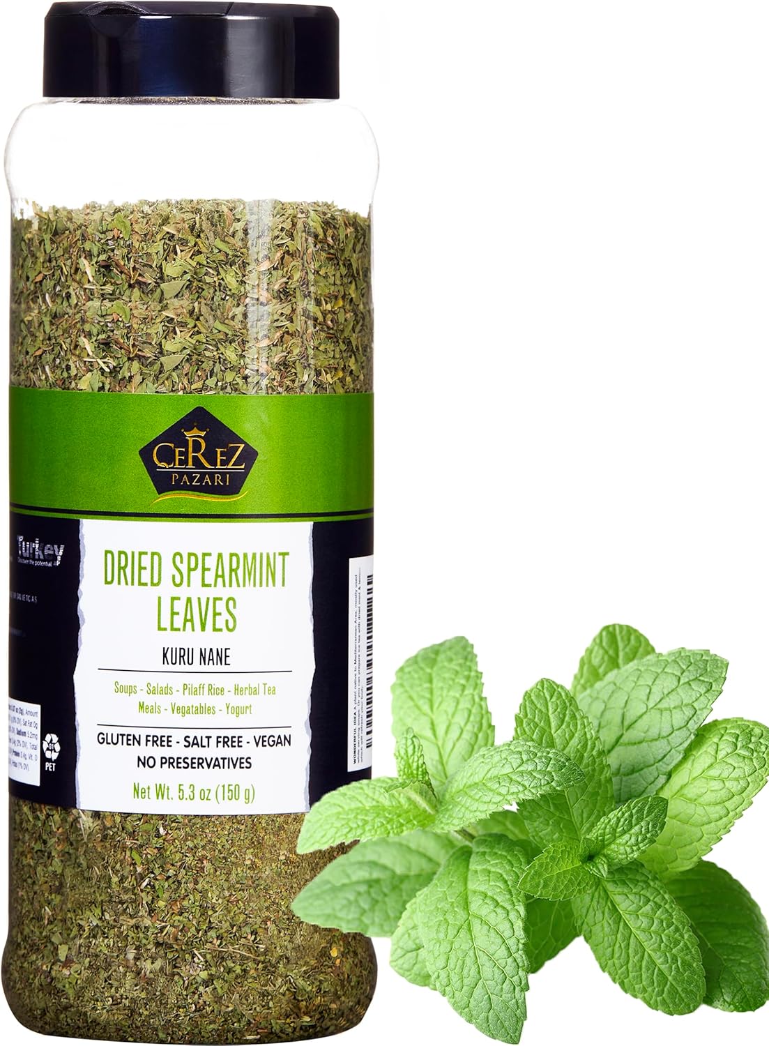 Cerez Pazari Dried Mint Leaves 5.3oz |%100 Natural, Non-irradiated, Non-GMO, Gluten Free, Raw Turkish Dried Spearmint Leaves, Crushed Peppermint Tea | Plastic Pet & Easy to Use Flapper Spice Cap