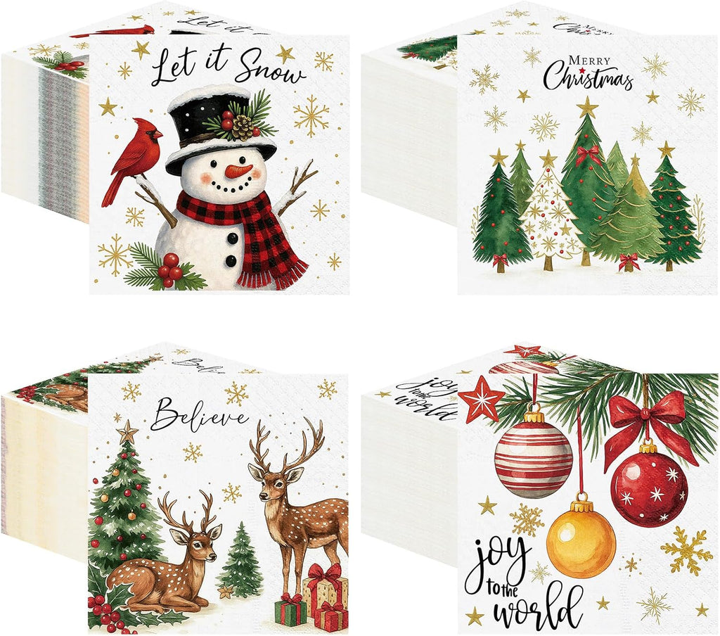 200 Pcs Christmas Paper Cocktail Napkins Disposable 2 Ply Xmas Style Decoupage Beverage Napkins for Xmas Holiday Winter Dinner Table Decor (Classic Style)