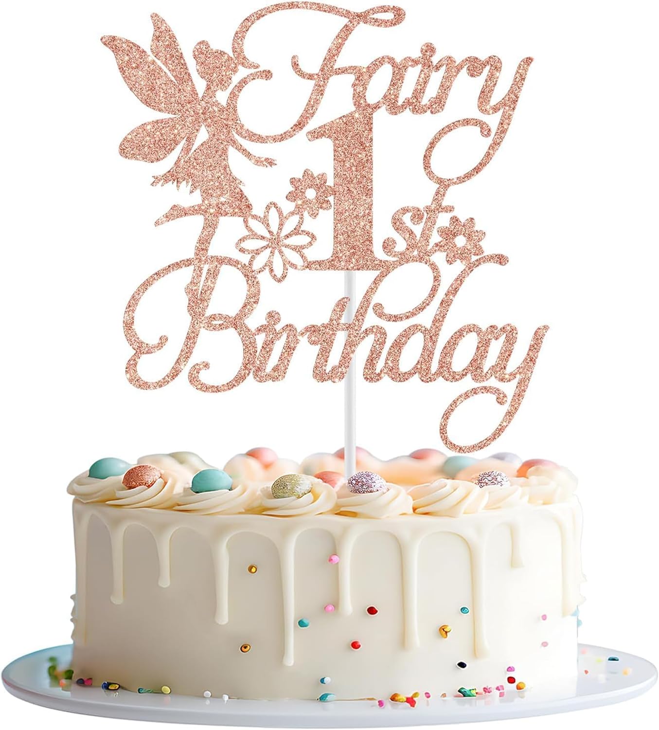 Rose Gold Floral Fairy 1st Birthday Cake Topper – Enchanted Fairy First Birthday & Baby Shower Party Decoration