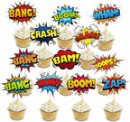SuperHero Boom Cupcake Toppers 48 Pack Happy Birthday Cake Decor for kids Hero Theme Birthday Party Supplies Celebrating Party Events Baby Shower