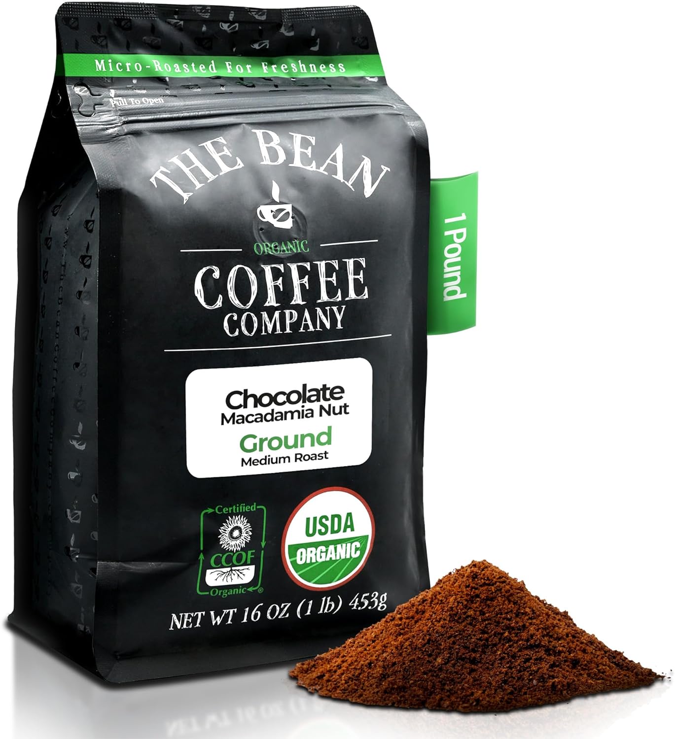 The Bean Organic Coffee Company Chocolate Macadamia Nut, Medium Roast, Ground Coffee, 16-Ounce Bag, Café molido tostado orgánico