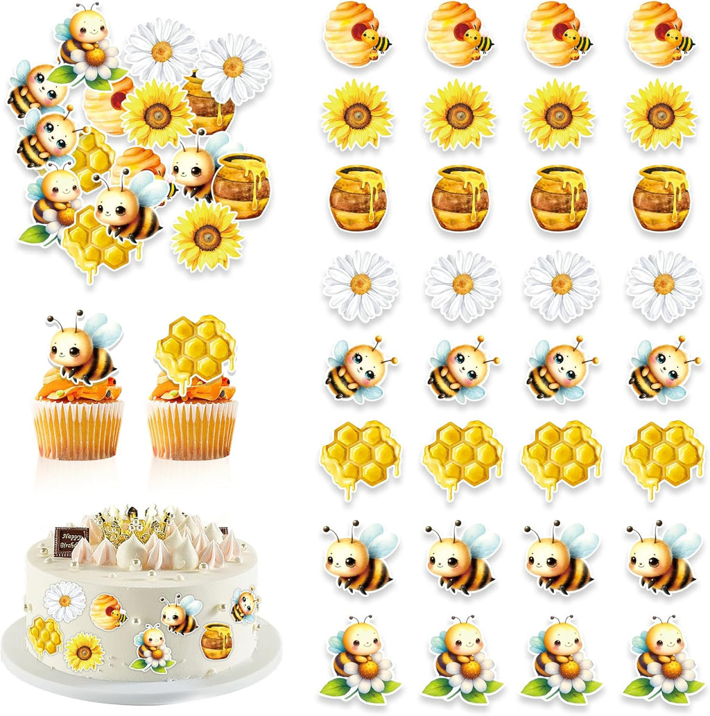 48 PCS Edible Bumble Bee Cupcake Toppers Wafer Paper Oh Babee Cake Decorations for Bee Theme Baby Shower Kids Boys Girls Birthday Cake Party Decoration