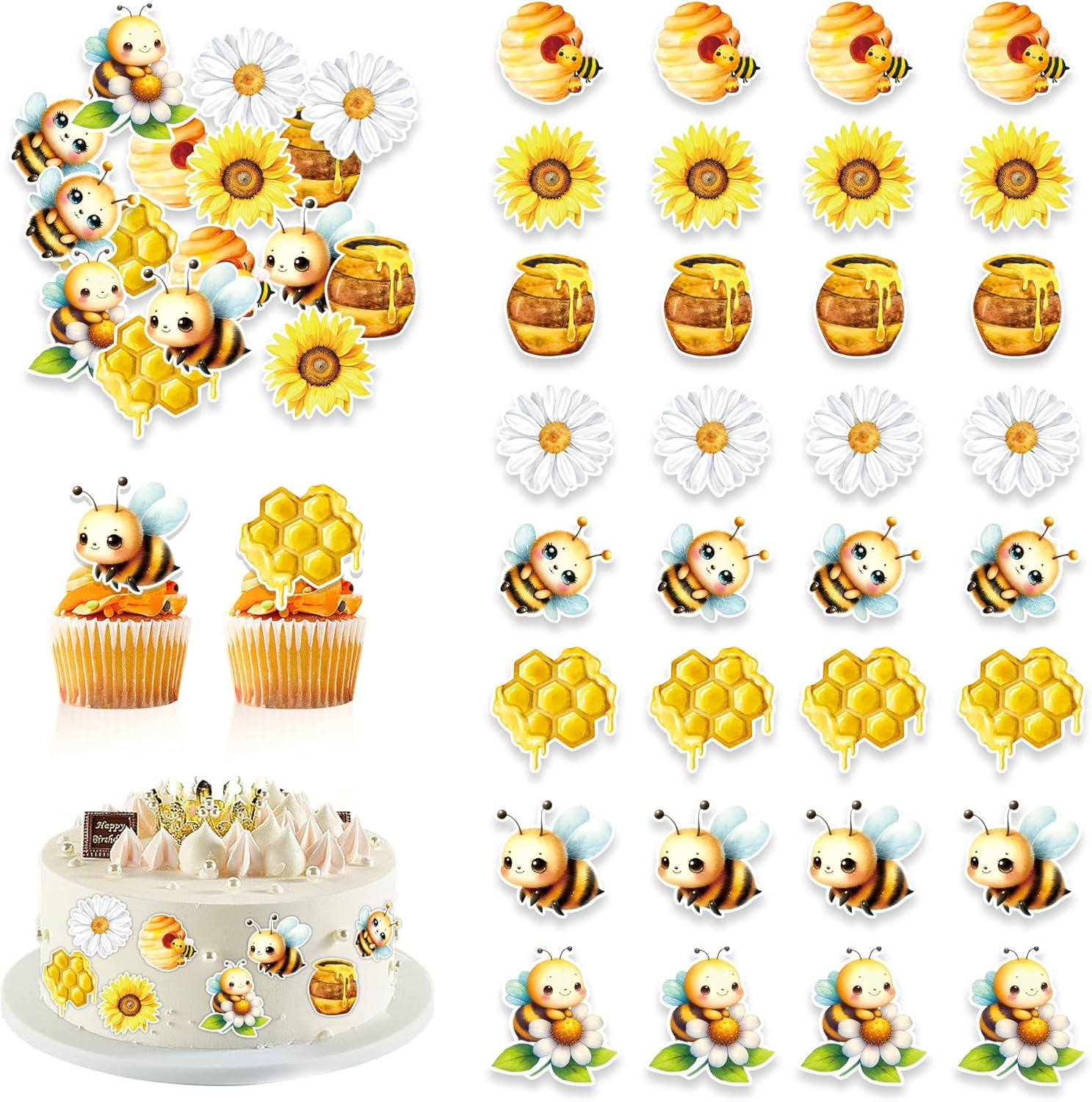 48 PCS Edible Bumble Bee Cupcake Toppers Wafer Paper Oh Babee Cake Decorations for Bee Theme Baby Shower Kids Boys Girls Birthday Cake Party Decoration