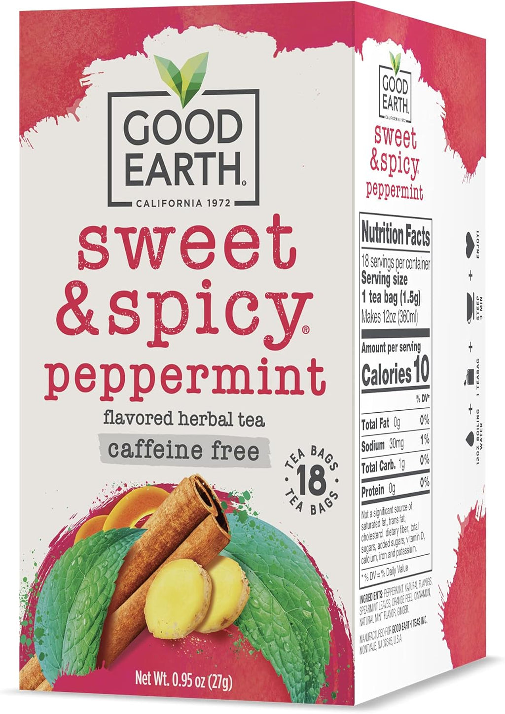 Good Earth Tea Sweet & Spicy Caffeine Free Peppermint Herbal Tea, 18 Teabags (Pack of 6)