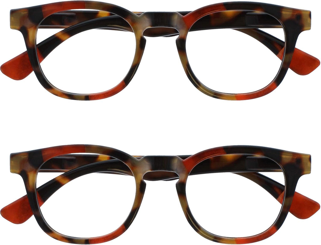 OPULIZE AVA Reading glasses for Women Men,Scratch Resistant Round frame with Spring Hinges, Brown Tortoiseshell with Red +1 (Pack of 2)
