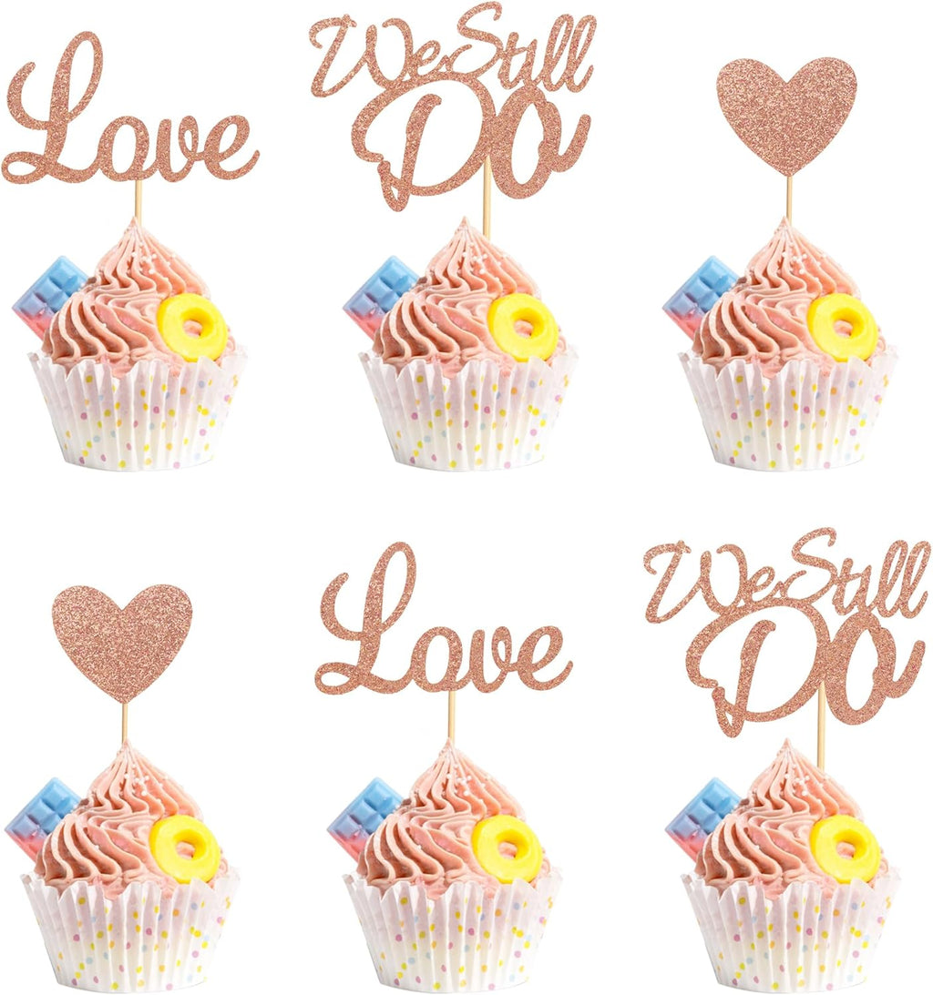 24Pcs We Still Do Cupcake Toppers Glitter Love Heart Marriage Anniversary Cupcake Picks Bridal Shower Wedding Engagement Birthday Cake Decorations Supplies - Rose Gold Glitter