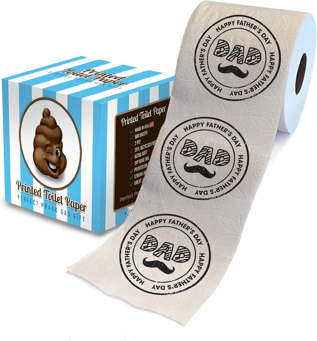 Printed TP Happy Fathers Day Dad Mustache Stamp Design Printed Toilet Paper Roll – Funny Novelty Gag Gift Prank, Cute Gifts for Dad, Husband, Boyfriend – Best Dad Gift - 500 Sheets