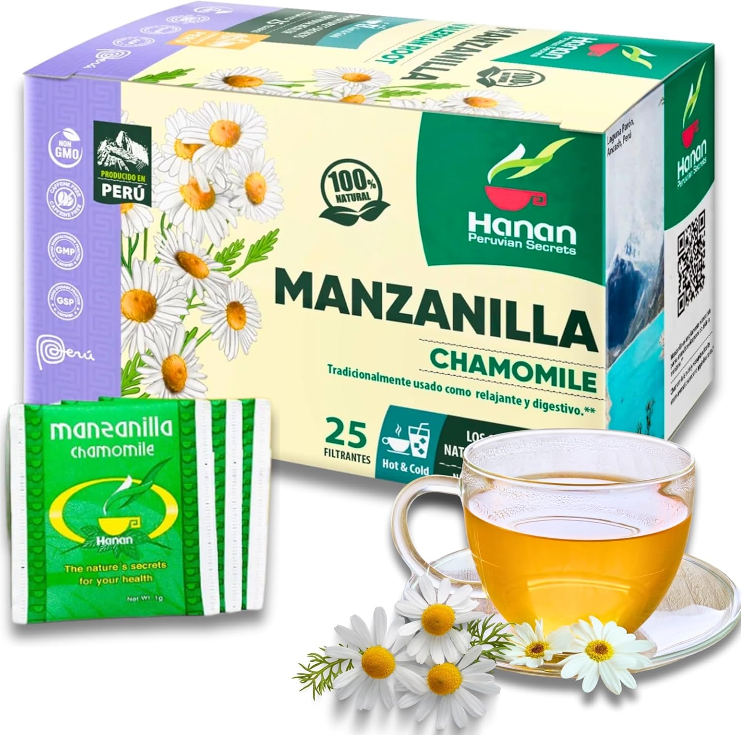 Chamomile Tea 25 Herbal Teabags of Te De Manzanilla Natural Dried Camomile Tea from Peru by Hanan