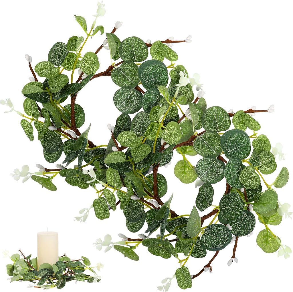 Zerodeko 2Pcs Easter Candle Ring Eucalyptus Leaves Wreath Pillar Candle Holders Mini Green Leaves Wreath Table Decor for Easter Table Centerpiece 8cm