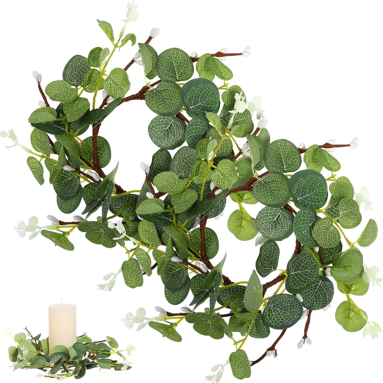 Zerodeko 2Pcs Easter Candle Ring Eucalyptus Leaves Wreath Pillar Candle Holders Mini Green Leaves Wreath Table Decor for Easter Table Centerpiece 8cm