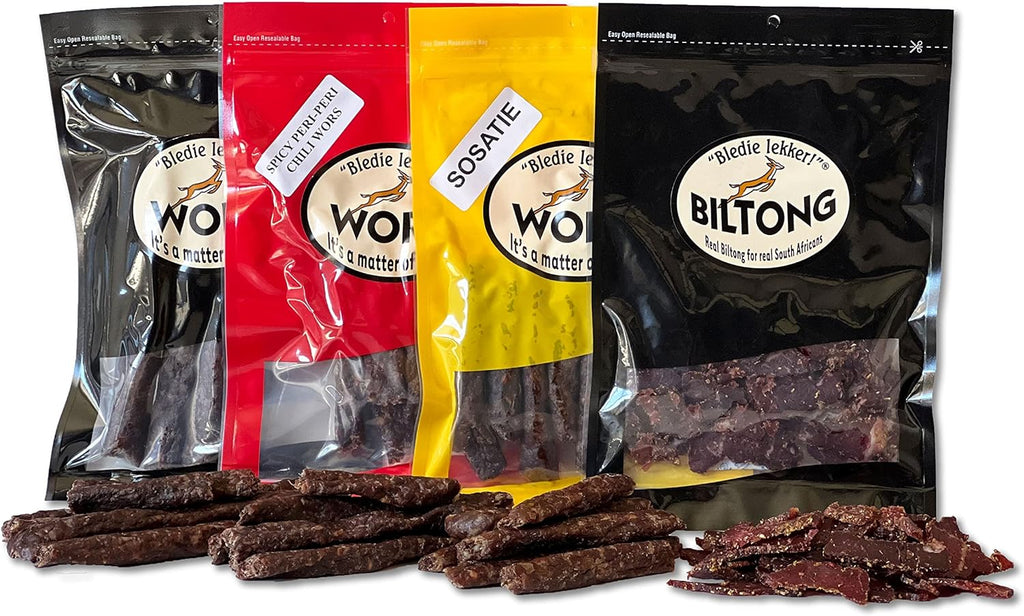 Bledie Lekker® 4 Pack Sampler - Biltong, Droewors, Sosatie, Spicy Peri-Peri Chili