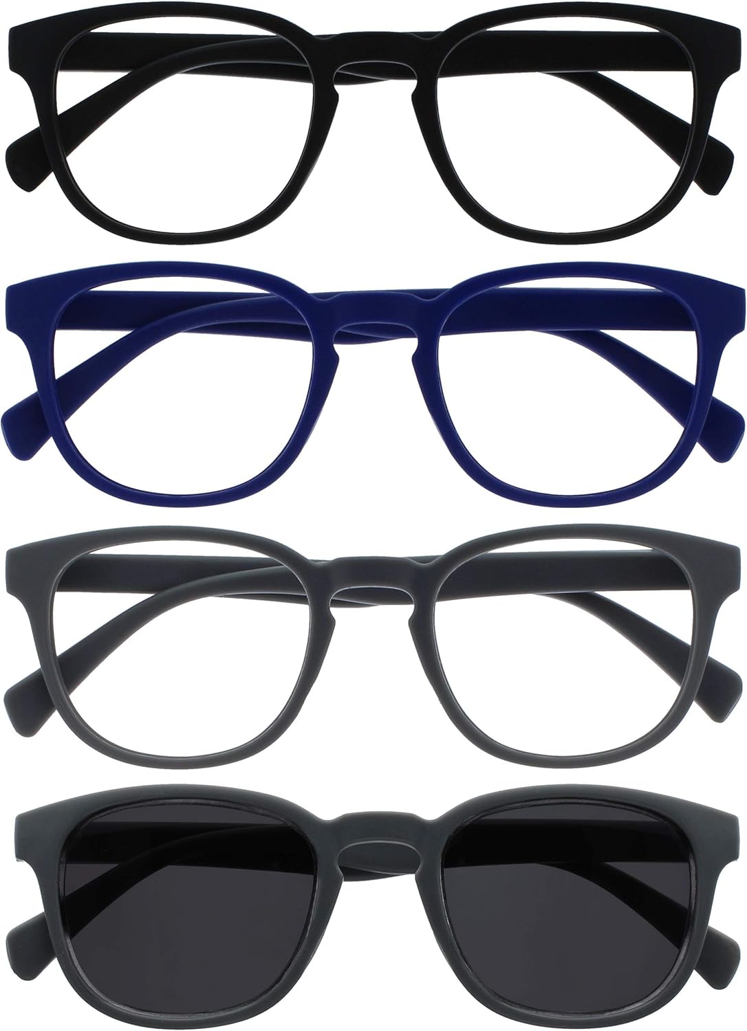 OPULIZE POP Reading Glasses and Reading SunGlasses for Women Men,Retro Round, Smooth Matt Black, Blue,Grey, Grey Sun +2.50 (Pack of 4)