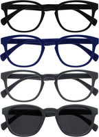 OPULIZE POP Reading Glasses and Reading SunGlasses for Women Men,Retro Round, Smooth Matt Black, Blue,Grey, Grey Sun +2.00 (Pack of 4)
