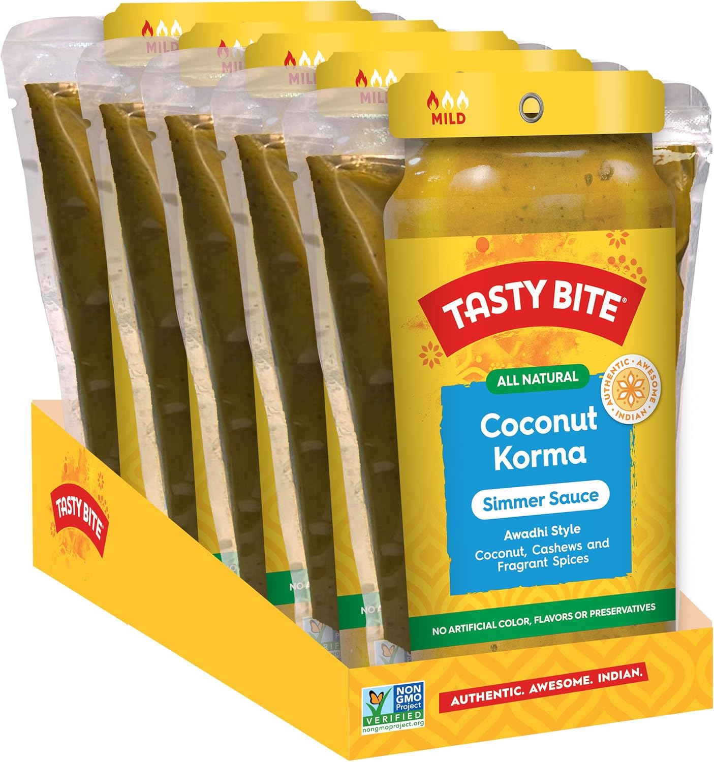 Tasty Bite Awadhi Style Coconut Korma Simmer Sauce, 7-Ounce 5-Pack, 3-4 Servings Per Pouch, Coconut, Cashews, Vegan