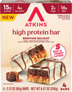 Atkins High Protein Bars, Brownie Delight Flavor, 15g of Protein, 4g Net Carbs, Keto Protein Bars, Low Sugar, 4 Count