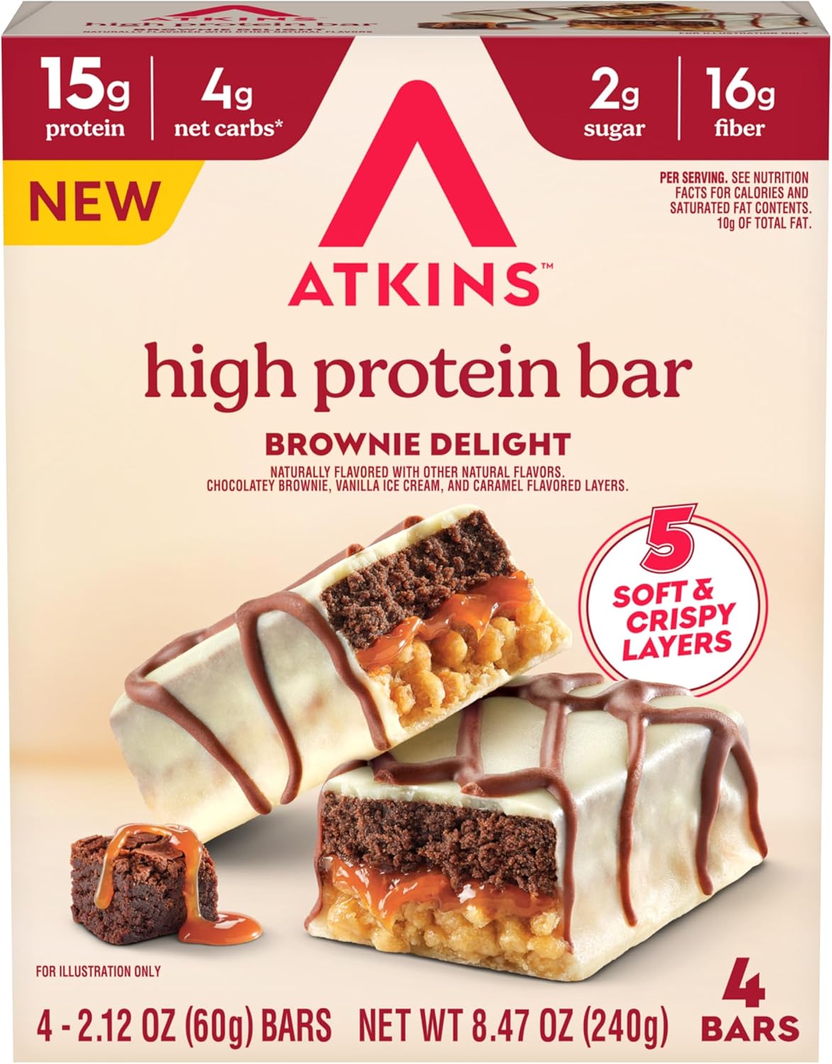 Atkins High Protein Bars, Brownie Delight Flavor, 15g of Protein, 4g Net Carbs, Keto Protein Bars, Low Sugar, 4 Count