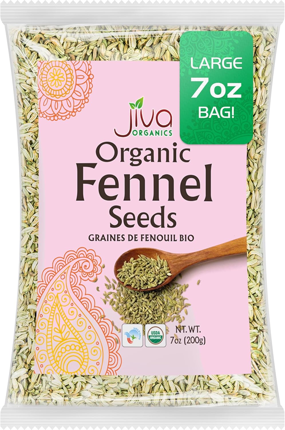 Jiva Organic Fennel Seeds 7 Oz Bag - Non-GMO, Certified, Vegan - Resealable Bag - Product of India