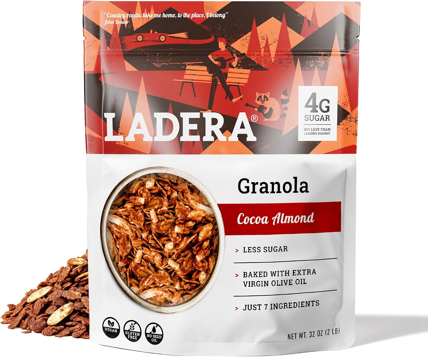 Ladera Cocoa Almond Granola - Low Sugar Chocolate Breakfast Cereal, Gluten Free & Vegan, Honest Ingredients, 2 LB