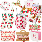 Landical 60 Pcs Strawberry Gift Basket for Christmas Include 12oz Tumbler Cup Makeup Bag Sock Bracelet Necklace Scrunchie Greeting Card Keychains Stickers Hair Clip in Gift Box for Women Party