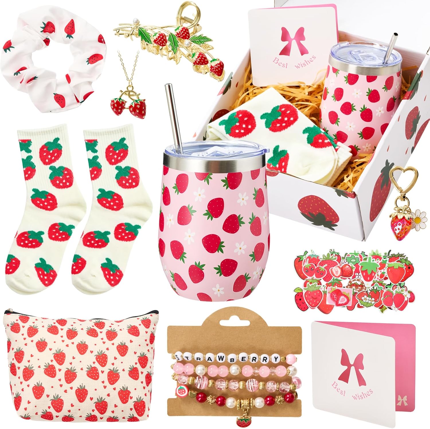Landical 60 Pcs Strawberry Gift Basket for Christmas Include 12oz Tumbler Cup Makeup Bag Sock Bracelet Necklace Scrunchie Greeting Card Keychains Stickers Hair Clip in Gift Box for Women Party